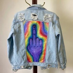 Hand painted middle finger one day denim jacket size 6